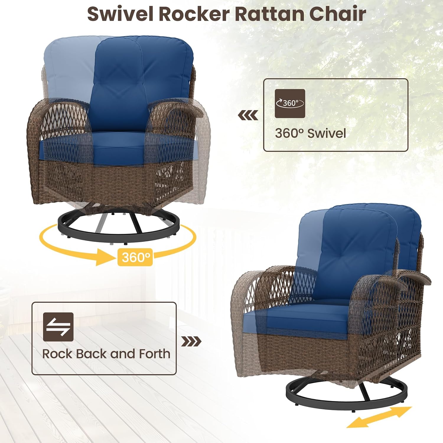 ORALNER 3 Pieces Wicker 360° Swivel Rocker Set Patio Furniture, Rocking Chairs with Cushions, Tempered Glass Coffee Table, Outdoor Rattan Bistro Set for Balcony Front Porch Deck Poolside (Navy)