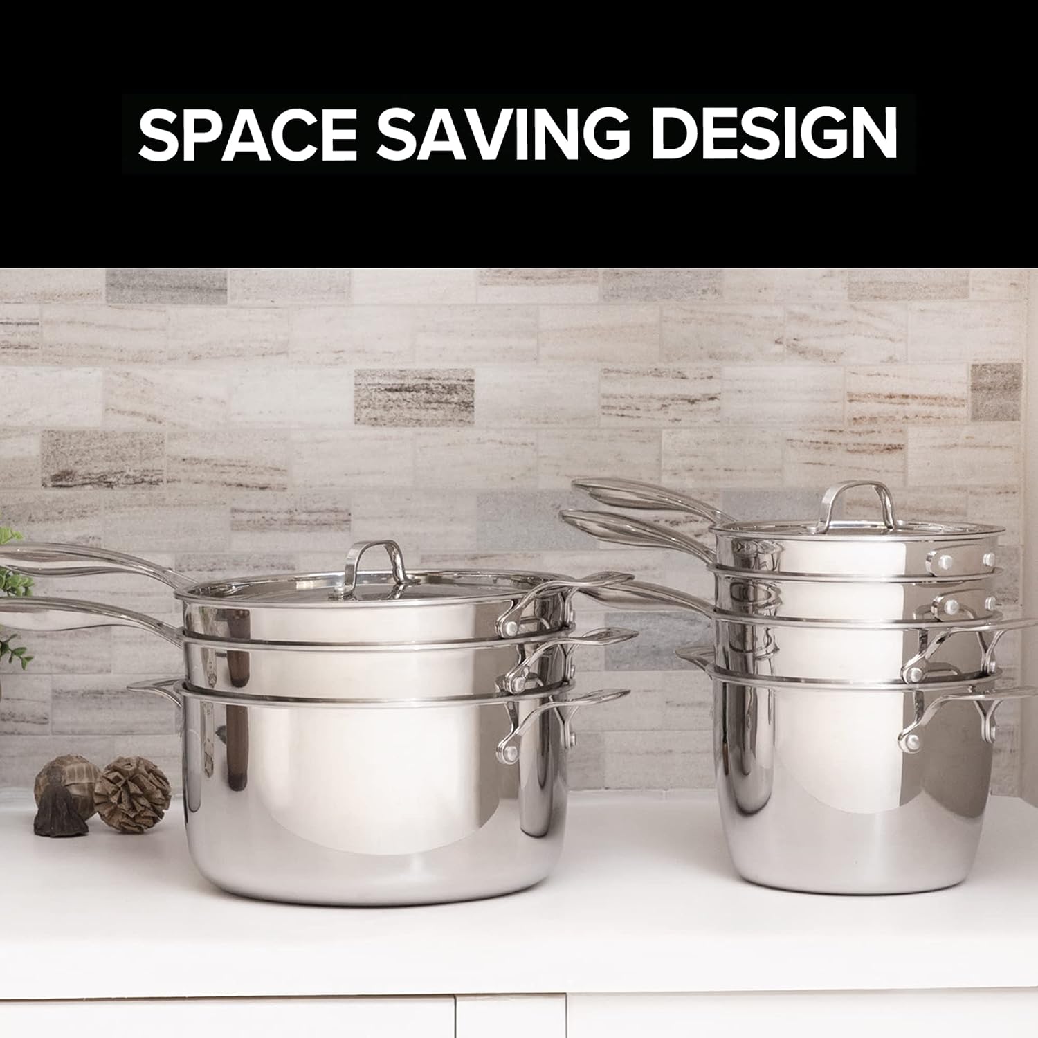 Nuwave Stainless Steel 9-Piece Pro-Smart Cookware Set, Space Saving Nestable Design, Heavy-Duty Tri-Ply, Dishwasher & Oven Safe, Ergonomic Stay-Cool Handles, Induction-Ready & Works on All Cooktops