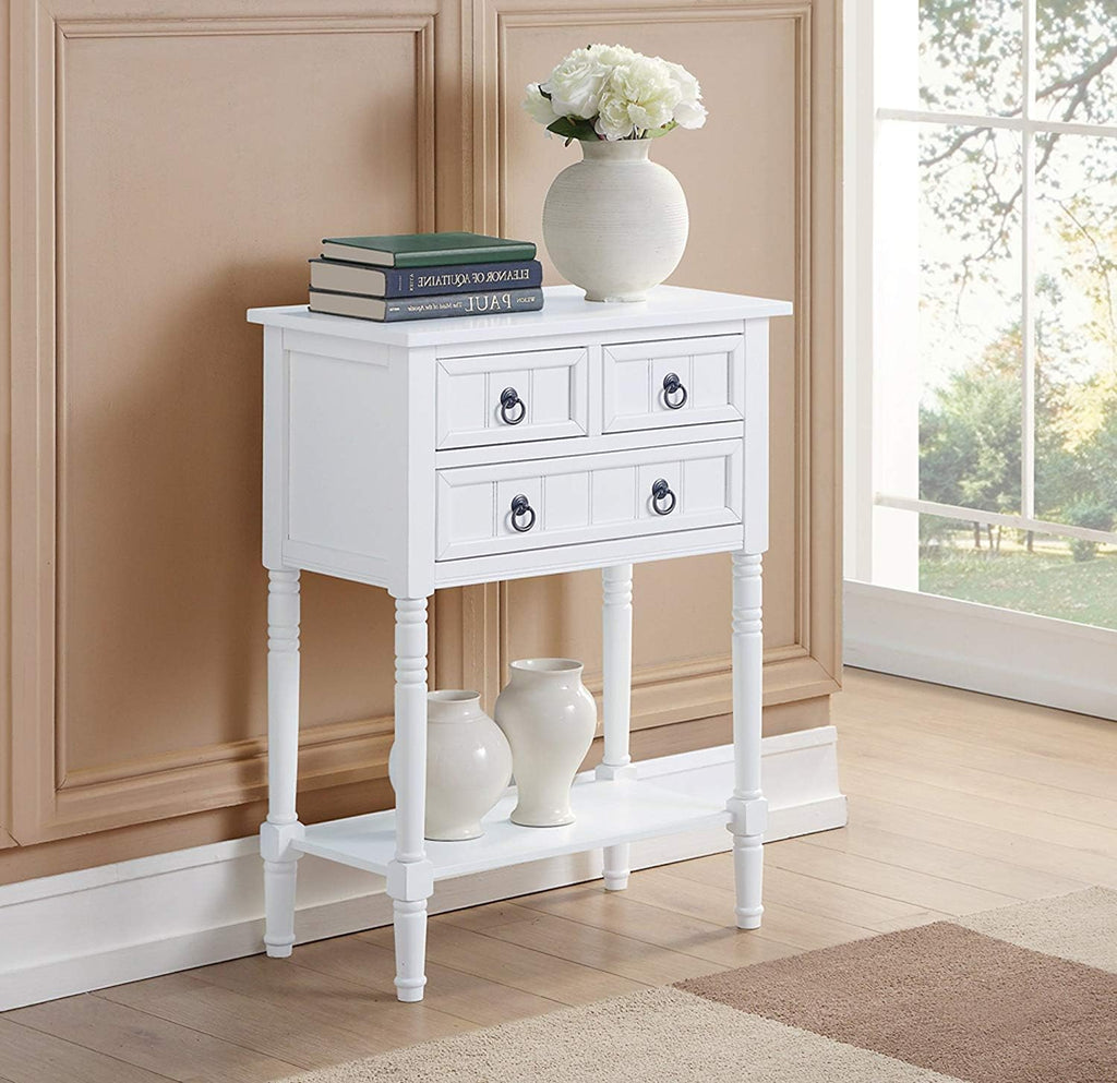 Convenience Concepts Kendra Entryway Hall Table 23.75' - 3 Storage Drawers, Traditional Console with Shelf for Decor, Office & Hallway Organizer, No Tools Assembly, Solid Wood Legs, White