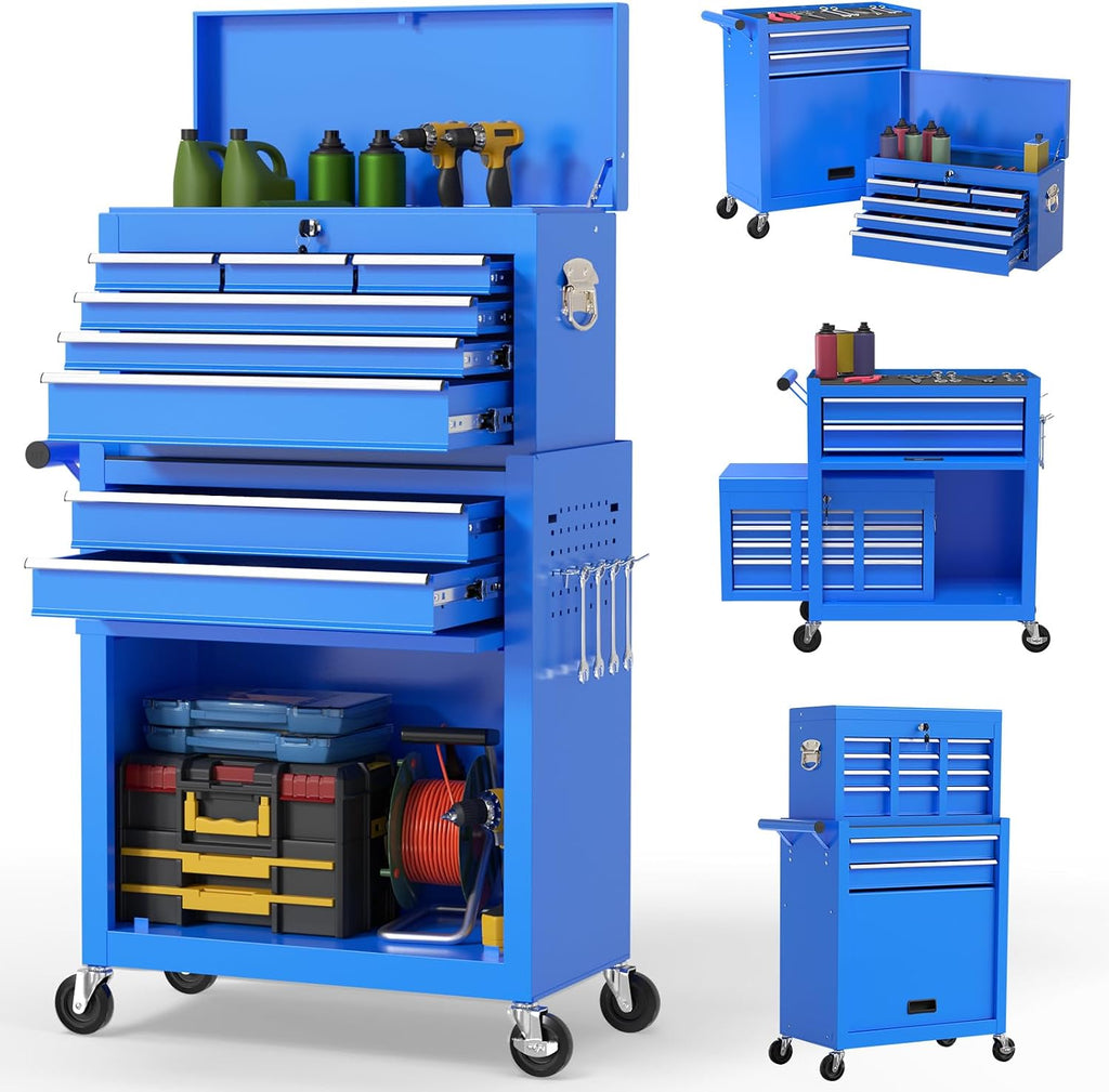 On Shine 8 Drawer Rolling Tool Chest, Large Capacity Rolling Tool Box with Wheels, Locking Mechanical Tool Chest, Portable Tool Box with Sliding Drawers for Garage Workshop and Tool Room (Blue)