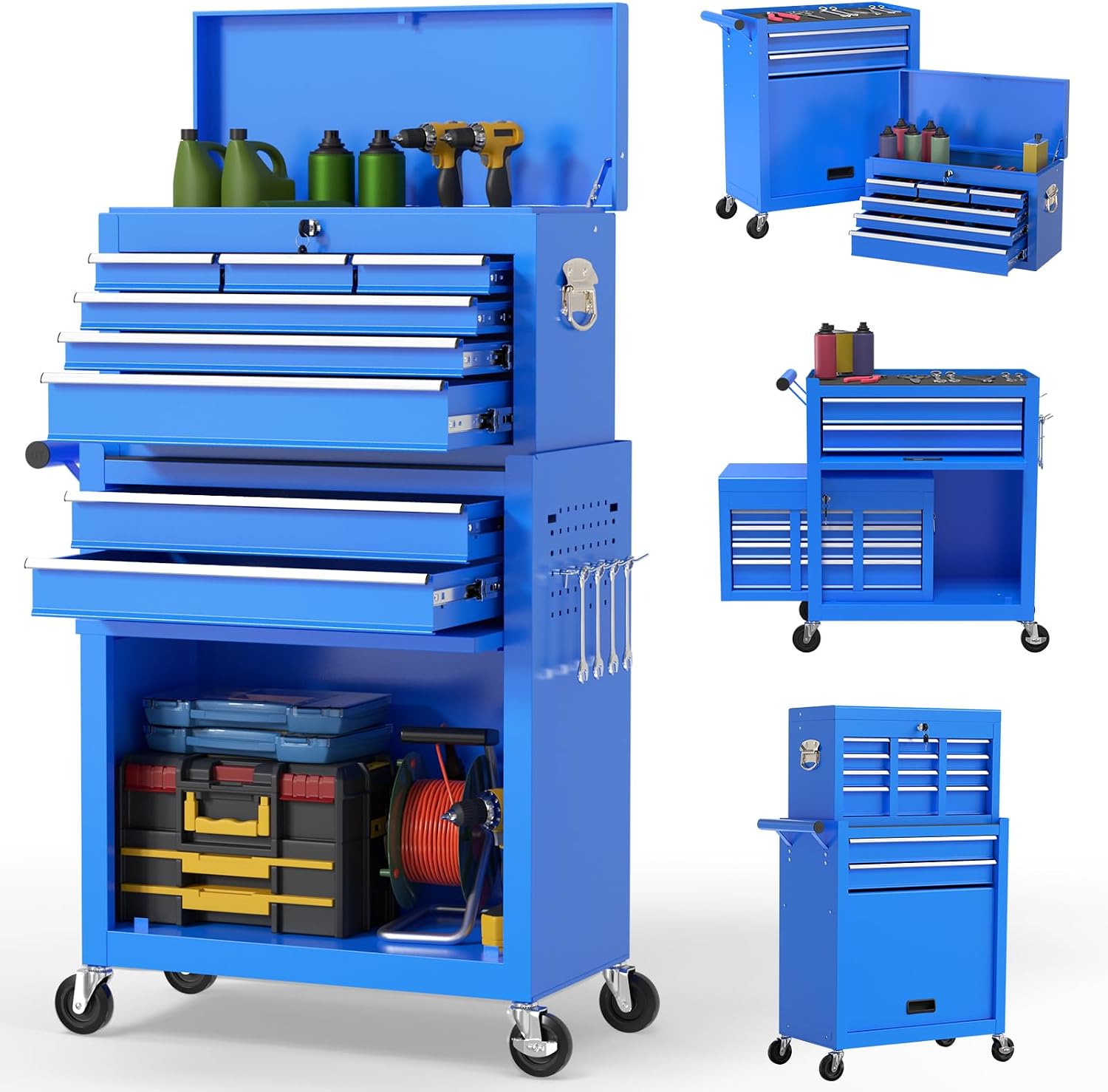 On Shine 8 Drawer Rolling Tool Chest, Large Capacity Rolling Tool Box with Wheels, Locking Mechanical Tool Chest, Portable Tool Box with Sliding Drawers for Garage Workshop and Tool Room (Blue)