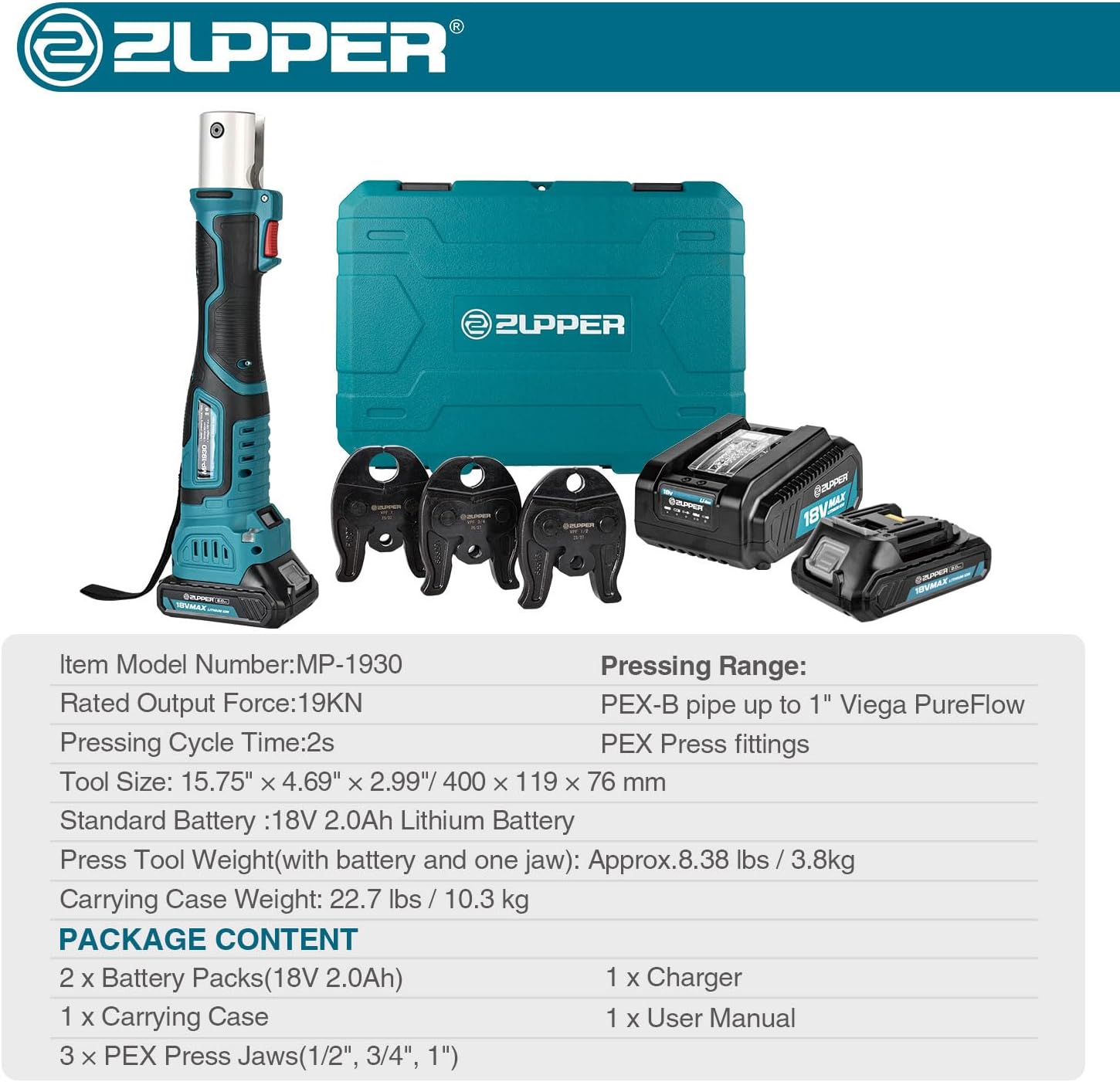 ZUPPER Mini Press Tool kit with 3 Jaws Suitable for PureFlow press fittings 1/2', 3/4', 1', Brushless Motor, 2pcs Battery, Fast Charger & Carrying Case