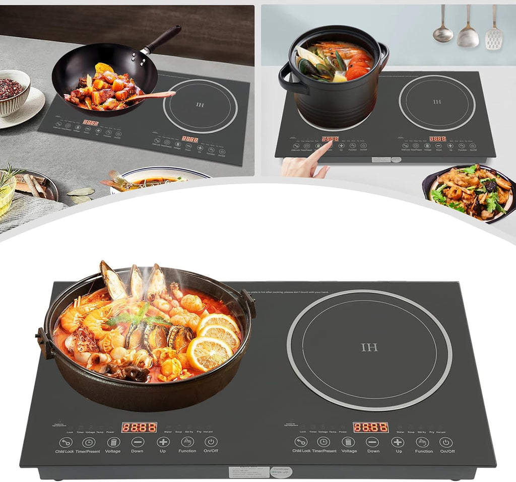 Double Induction Cooktop Portable Induction Cooker with 2 Burner Independent Control, Level 8 Firepower, 3-Hour Timer, Safety Lock, 2400w(1200w+1200w) Sensor Touch (2 Burner 2400W)