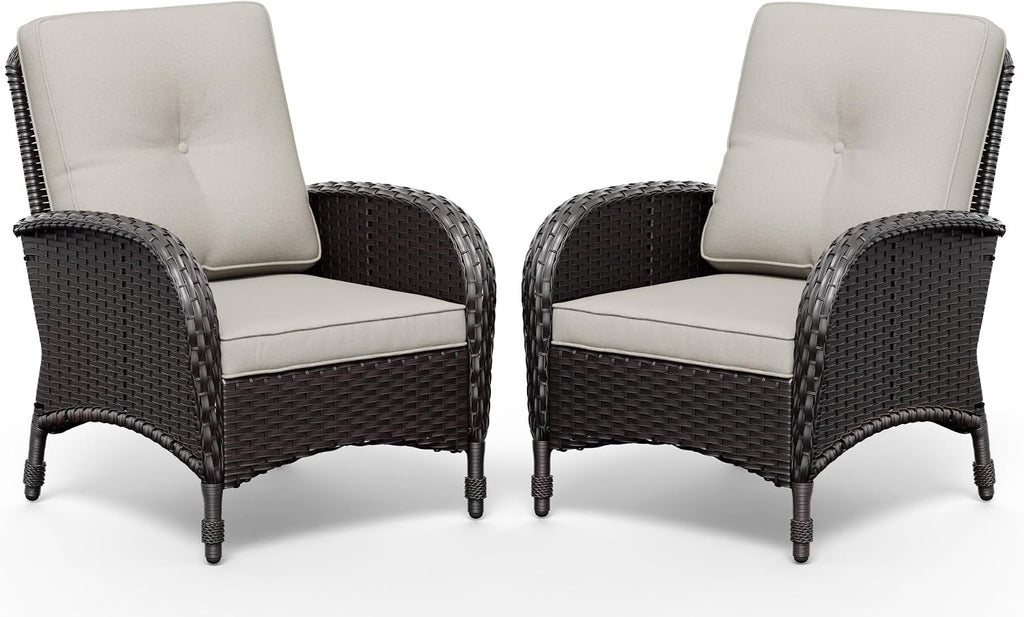 Joyside Wicker Patio Chairs Set of 2, Rattan Outdoor Furniture with Thickened Cushions, High Back, Deep Seating, Wide Armrest, Outdoor Chairs for Porch, Deck