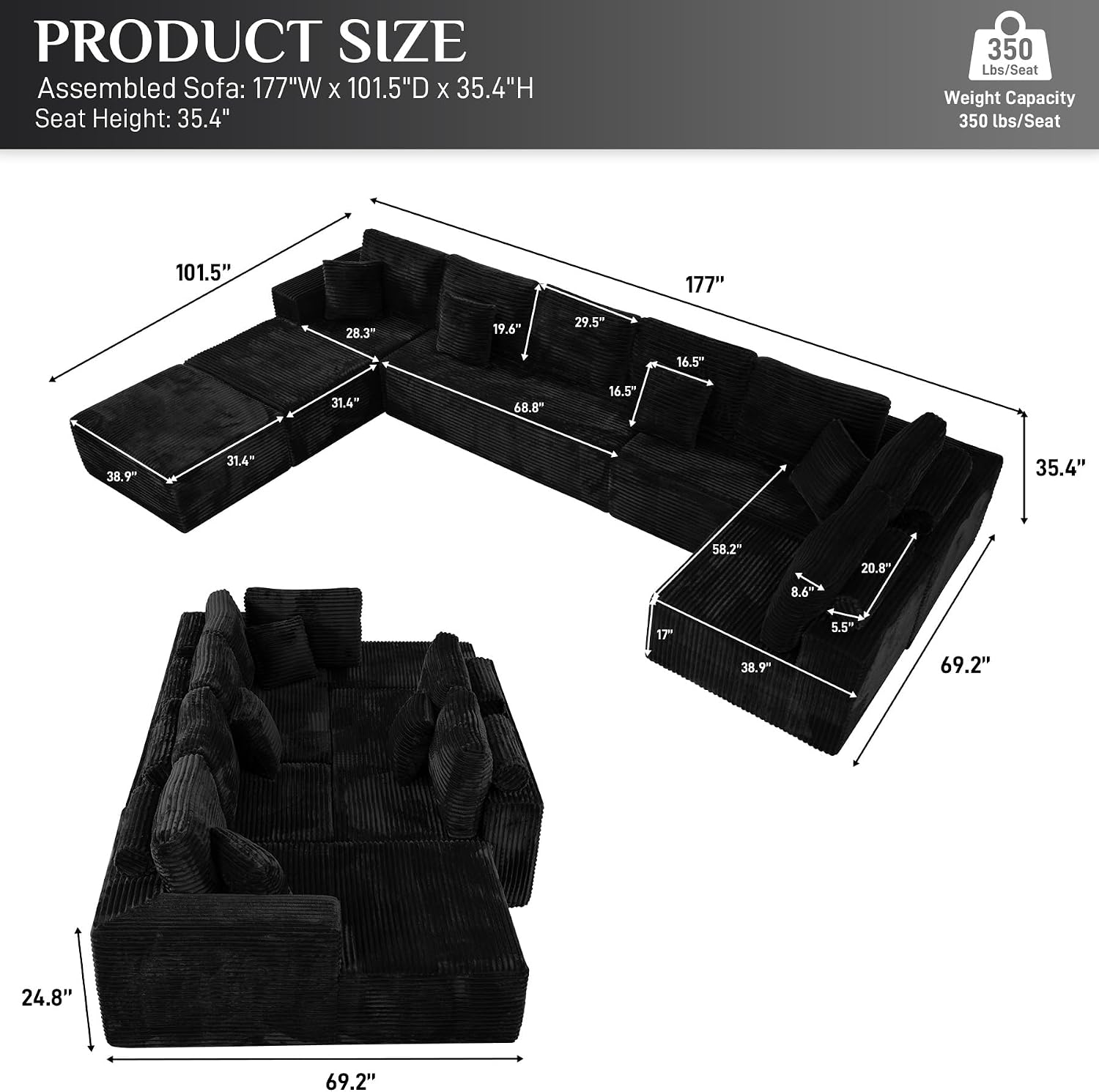 177' Oversized U Shaped Sectional Couch for Living Room, Extra Large Boneless Cloud Couches with Deep Seat Chaise Ottoman, Plush Corduroy 8 Seater Modular Sectional Sofa Set, Black