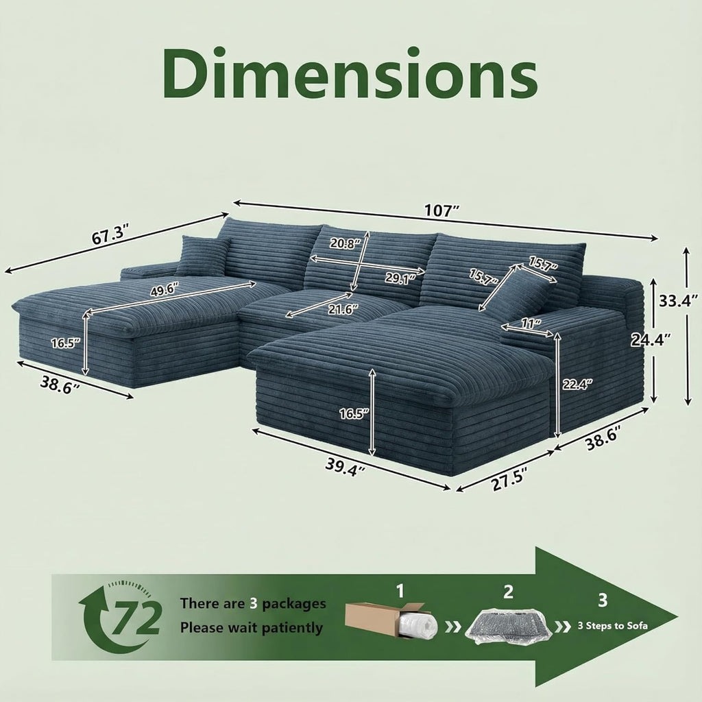 107' Cloud Couch Modular Sectional Sofa for Living Room, U-Shape Boneless Couch with Deep Seat, Modern Corduroy 3-Seater with Ottoman, No Assembly Required (Blue,Left-Facing Chaise)