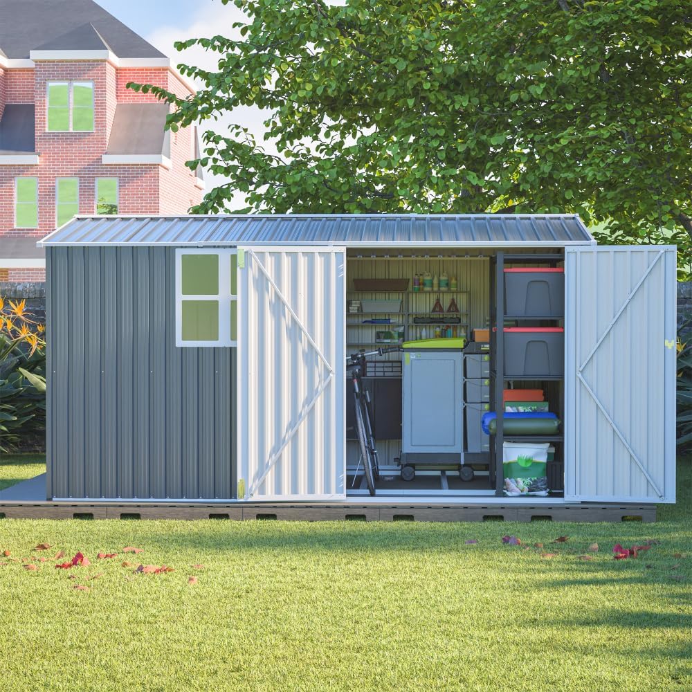 8x12 Ft Outdoor Storage Shed, XL Heavy-Duty Steel Building with Window, Hinged Gray Doors & 4 Air Vents, Reinforced for Backyard, Garden, Patio