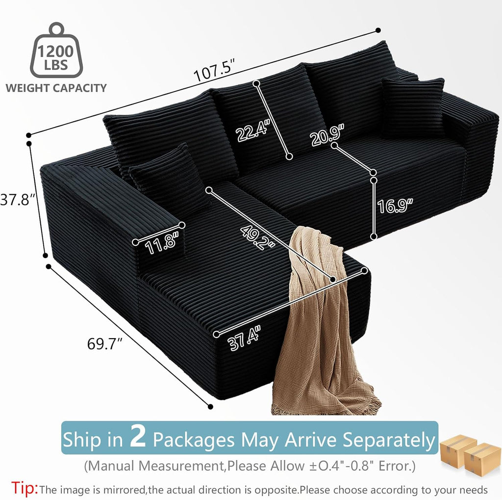107' W Cloud Sectional Couch with L-Shape Chaise, Modern Corduroy Boneless Couch for Living Room,Memory Foam Sofa with Deep Seat,No Assembly Required (Black,Left-Facing Chaise)