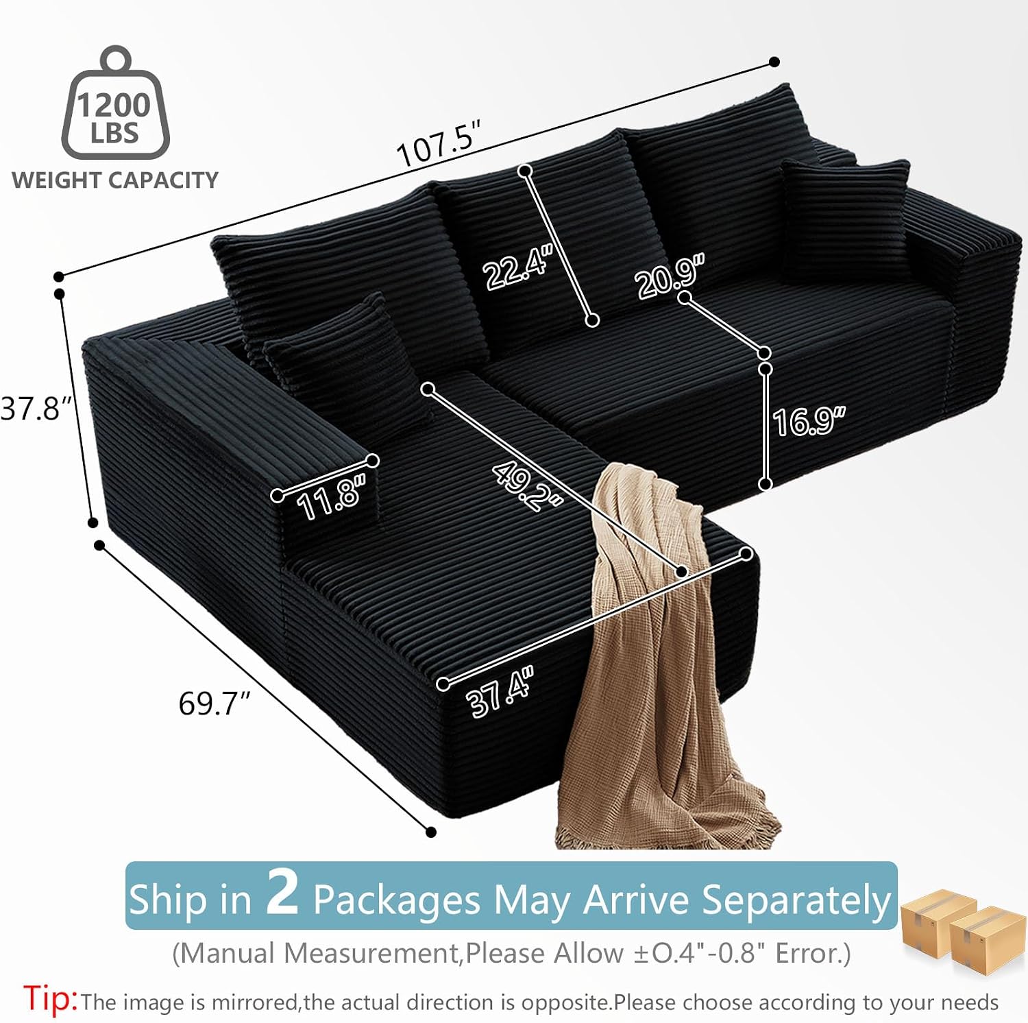 107' W Cloud Sectional Couch with L-Shape Chaise, Modern Corduroy Boneless Couch for Living Room,Memory Foam Sofa with Deep Seat,No Assembly Required (Black,Left-Facing Chaise)