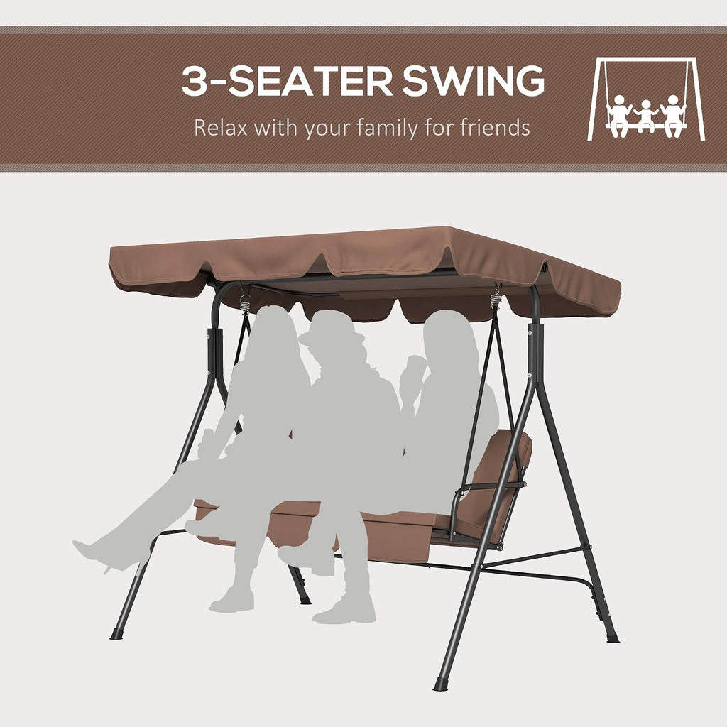 Outsunny 3-Seat Outdoor Patio Swing Chair with Removable Cushion, Steel Frame Stand and Adjustable Tilt Canopy for Patio, Garden, Poolside, Balcony, Backyard, Brown