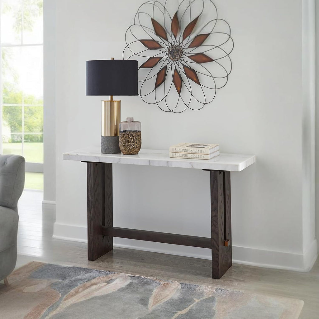 Signature Design by Ashley Burkhaus Traditional Rectangular Sofa Table with Marble Tabletop, Dark Brown & White