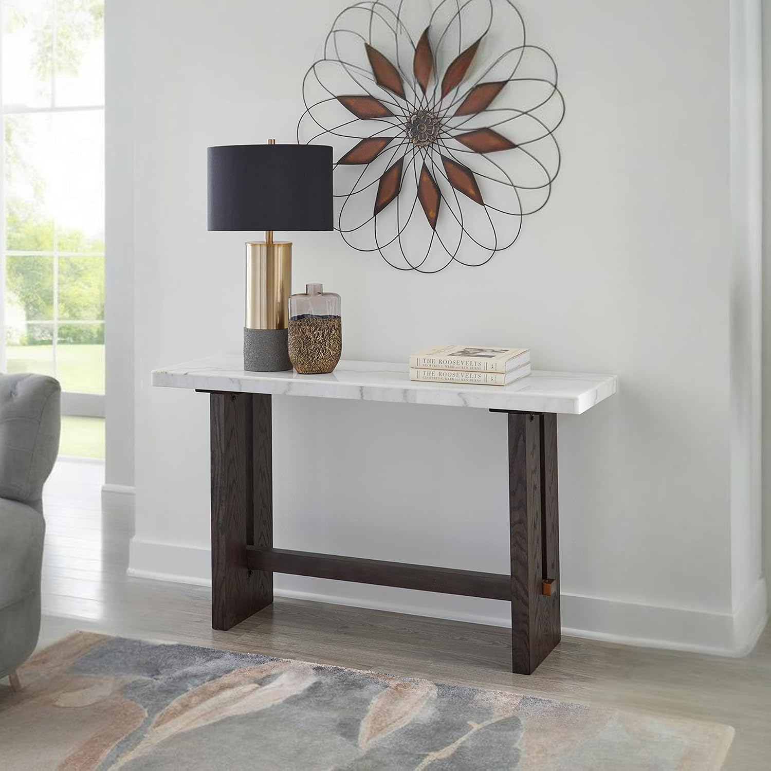Signature Design by Ashley Burkhaus Traditional Rectangular Sofa Table with Marble Tabletop, Dark Brown & White