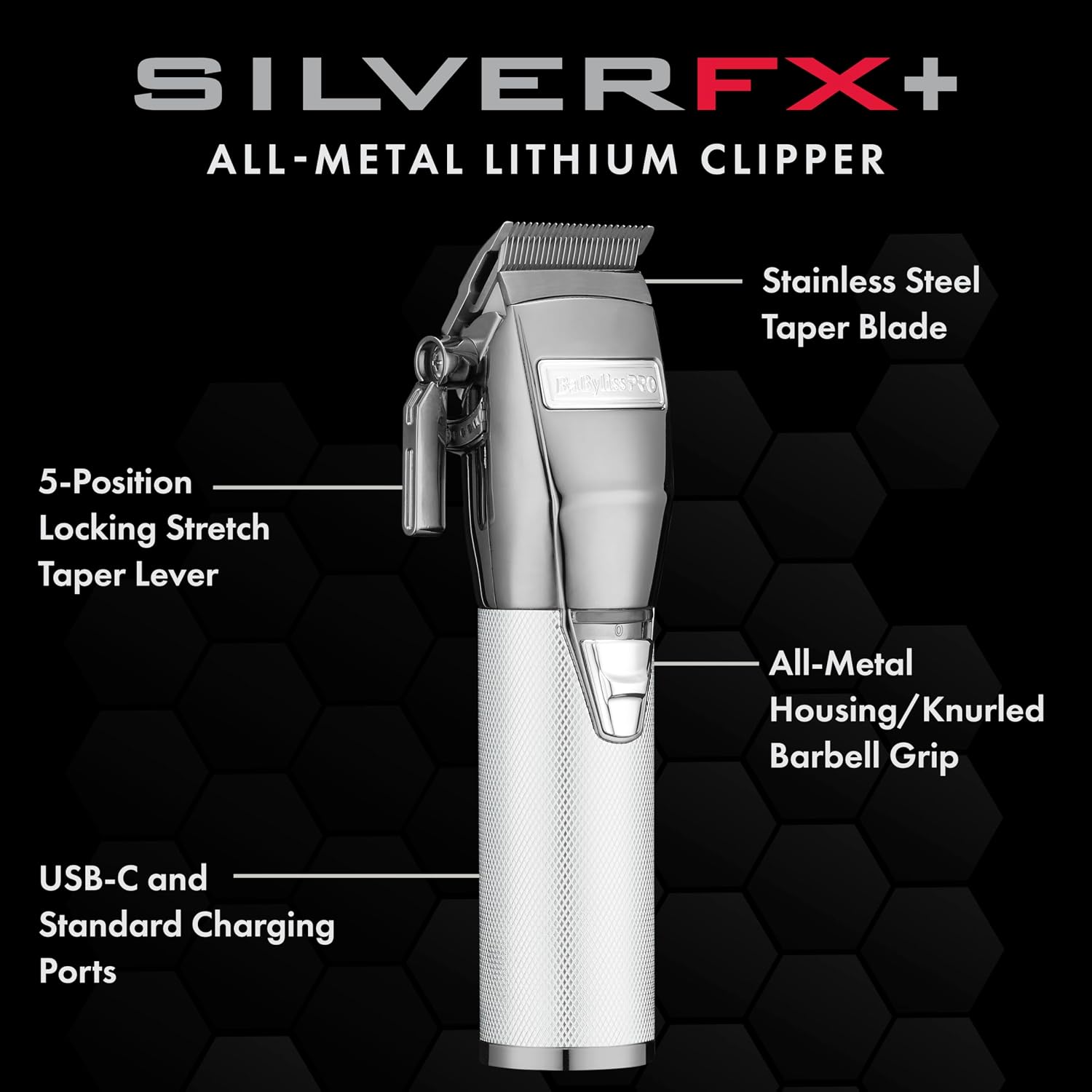 BaBylissPRO FX+ Professional Barber Cord/Cordless Hair Clippers for Men, All Metal, Lithium Battery with 3-Hour Runtime