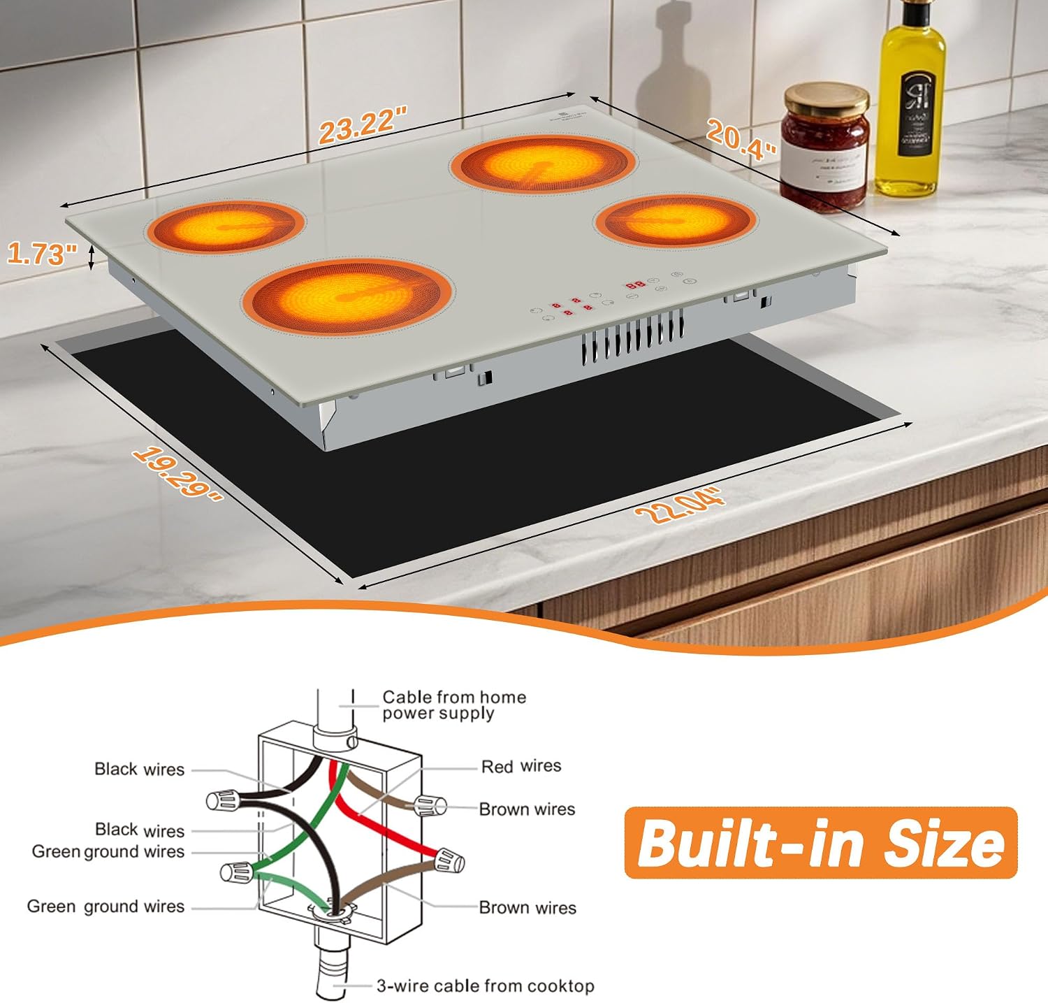 Electric Cooktop 24 Inch - 4 Burner Electric Cooktop Built-in 6000W Beige-Grey, 24 Inches Electrical Four Burner Stove Top with 99-Min Timer, Safety Lock, 220-240V Hard Wired (No Plug)