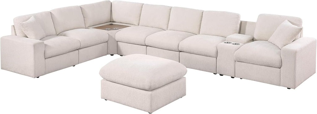 Ball & Cast 157' Oversized Modular Sectional Sofa L-Shaped,Large Chenille Upholstered Couch 8 Seat with Ottoman,Cup Holders & USB Ports,Comfty Sectionals W/Pillows & Storage Box,for Living Room,Beige