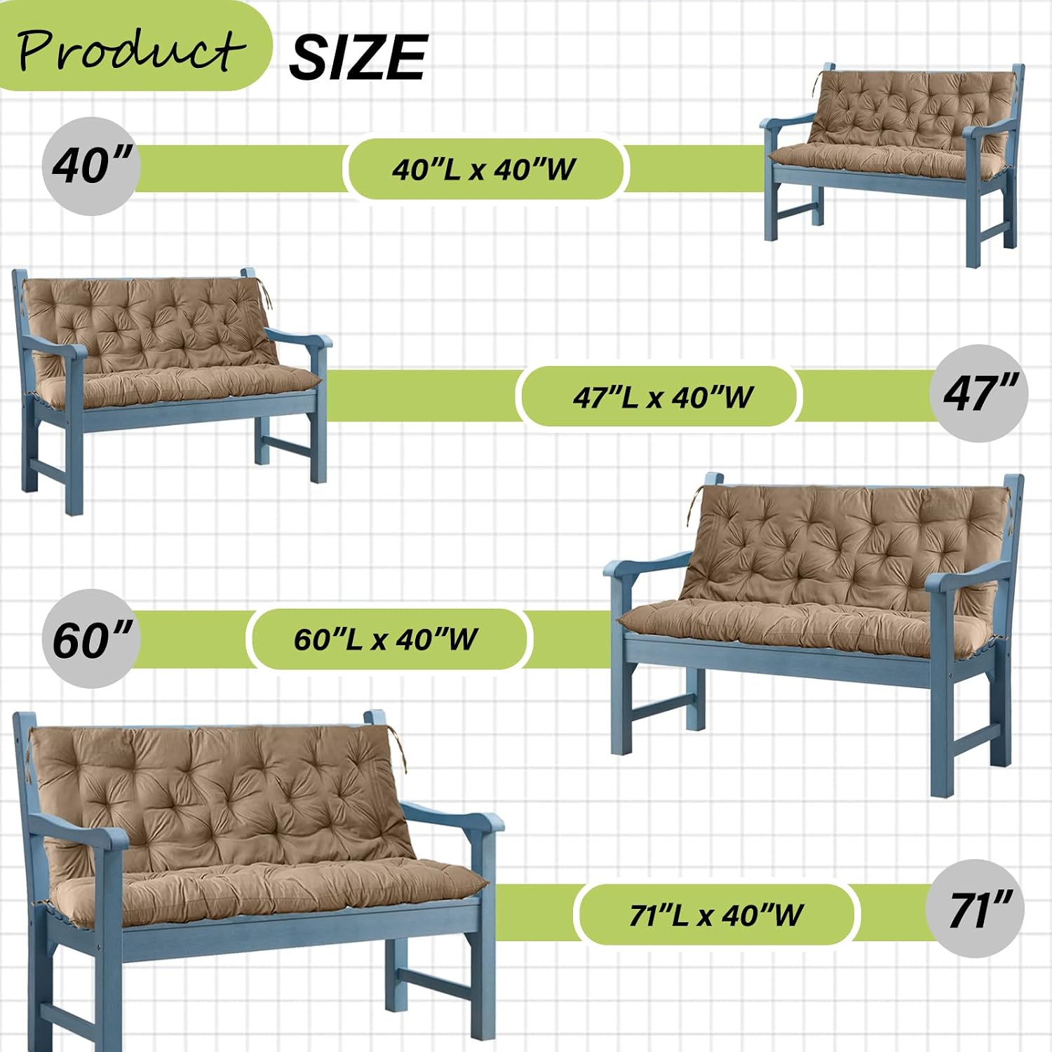 Waterproof Porch Swing Cushion Replacement, Thick 4' 2–3 Seat Outdoor Swing Seat Cushion with Backrest & Ties for Patio, Garden & Porch(Khaki 40 * 60 in)