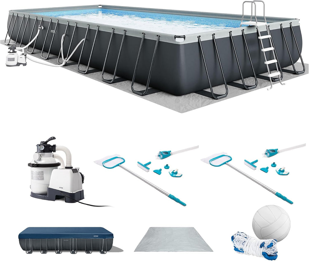 Intex Ultra XTR Heavy Duty Rectangular Above Ground Swimming Pool with Complete Set of Maintenance Kit, Ladder, and Sand Filter Pump, Gray