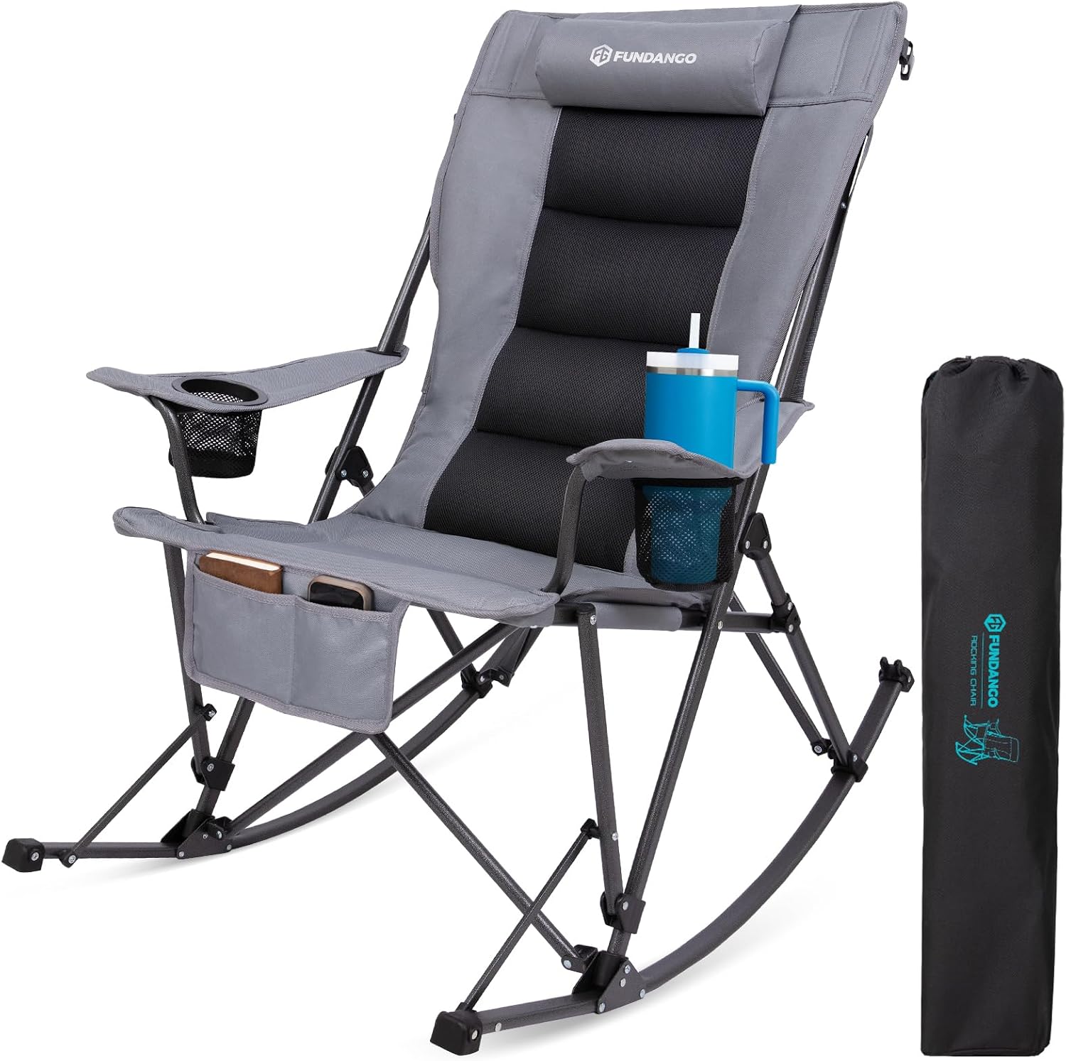 FUNDANGO Oversized Rocking Camping Chair for Adults, High Back Padded Folding Lawn Chairs with Pillows, Wide Armrest, 2 Cup Holders, Carry Bag for Patio Garden Outdoor Supports 440Lbs (Grey)