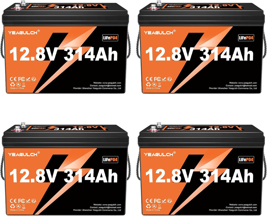 4 packs 12V 300Ah (314Ah) LiFePO4 Lithium Battery 4019Wh 15000+ Deep Cycle Low Temp Cut-Off Rechargeable RV Battery Perfect for Off Grid Applications Camping Marine Boat Solar System