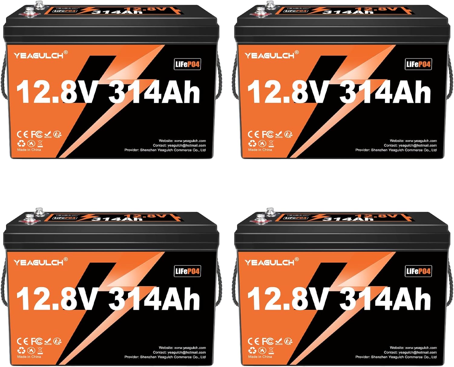 4 packs 12V 300Ah (314Ah) LiFePO4 Lithium Battery 4019Wh 15000+ Deep Cycle Low Temp Cut-Off Rechargeable RV Battery Perfect for Off Grid Applications Camping Marine Boat Solar System