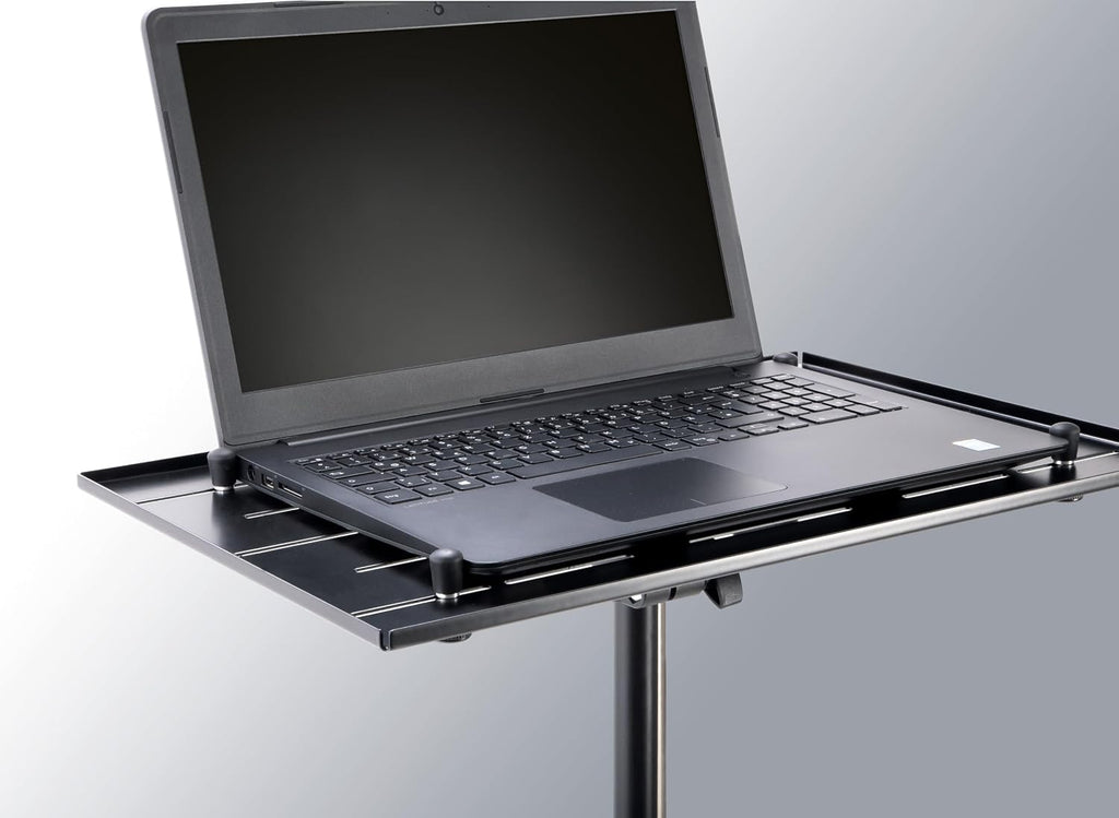 K&M Konig & Meyer 12185.000.55 Laptop Stand | Oversized Desk w/Adjustable Height & Securing Bolts | Cross Brace Foldable Tripod Legs | Ergonomic | Compact | Portable | German Made | Black