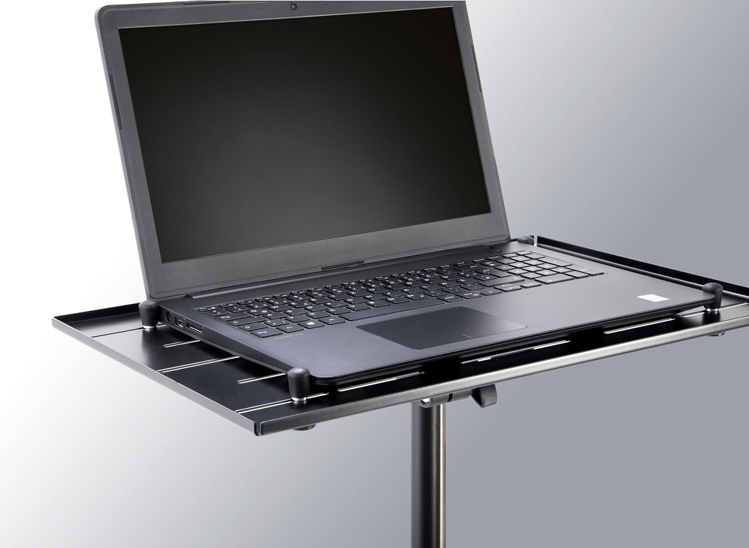 K&M Konig & Meyer 12185.000.55 Laptop Stand | Oversized Desk w/Adjustable Height & Securing Bolts | Cross Brace Foldable Tripod Legs | Ergonomic | Compact | Portable | German Made | Black