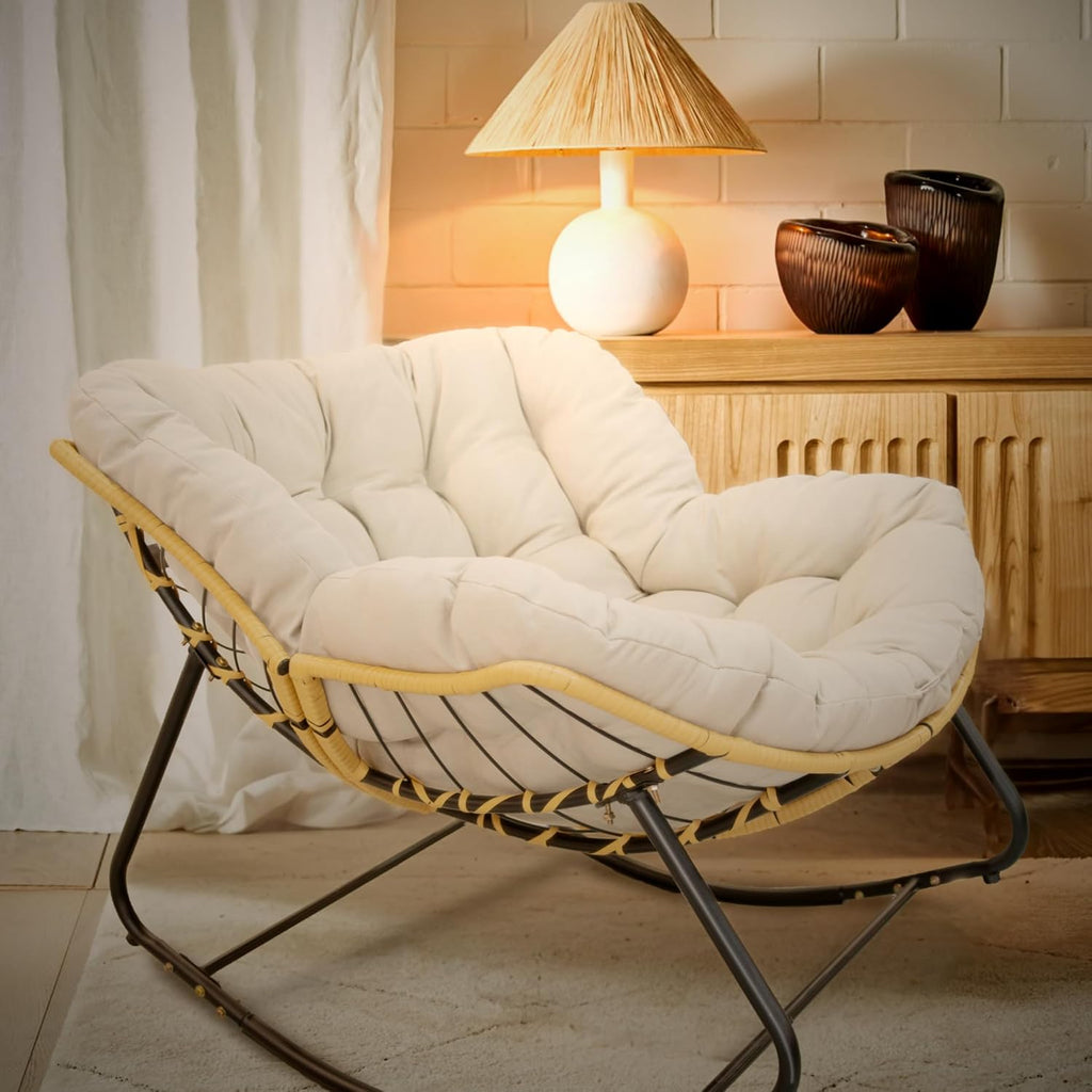 Outdoor Rocking Chair, Patio Egg Rocking Chair, Indoor Papasan Chair, Rattan Wicker Lounge Chair, Modern Royal Chair for Bedroom, Living Room, Porch, Garden,Lawn (41.3' Beige)