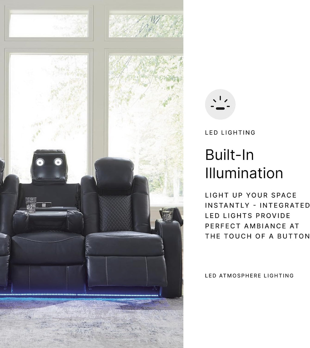 Signature Design by Ashley Fyne-Dyme Power Reclining Sofa with USB Ports and Adjustable Headrest, Drop Down Table, Faux Leather, 21' Seat Height, Blue