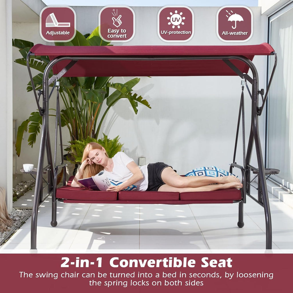 ZZW 800LBS Patio Swing with Canopy 3 Seat Outdoor Porch Swing with Stand w/Cup Holder & Pillow Glider Chair Swing Bed for Patio Backyard Poolside (Red)