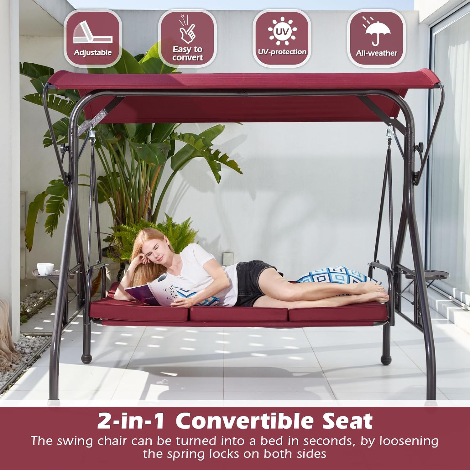ZZW 800LBS Patio Swing with Canopy 3 Seat Outdoor Porch Swing with Stand w/Cup Holder & Pillow Glider Chair Swing Bed for Patio Backyard Poolside (Red)