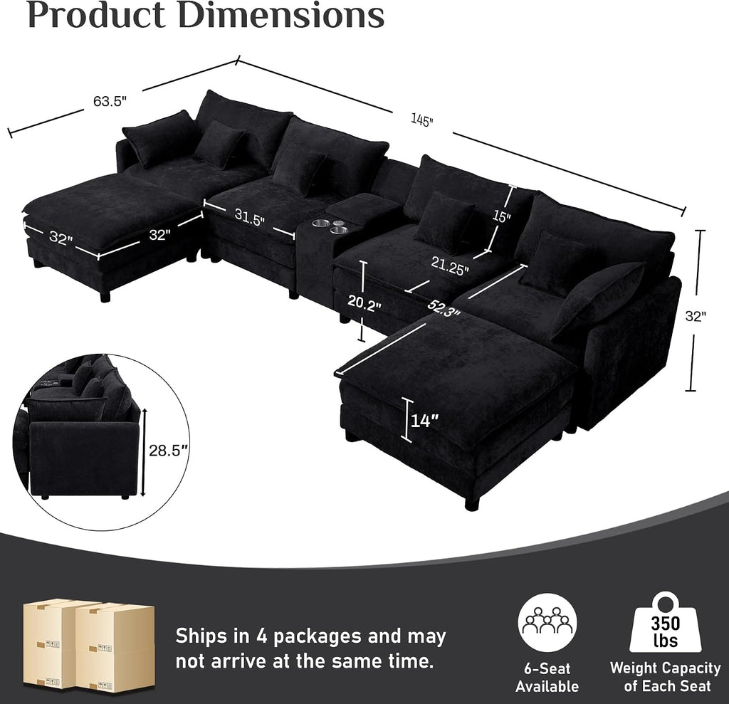 145' Oversized Modular Sectional Sofa U Shaped Cloud Couch Modern 6 Seat Sofa Set for Living Room Comfy Chenille Deep Seat with Storage Central Console, Movable Ottomans, Cup Holders, USB Ports, Black