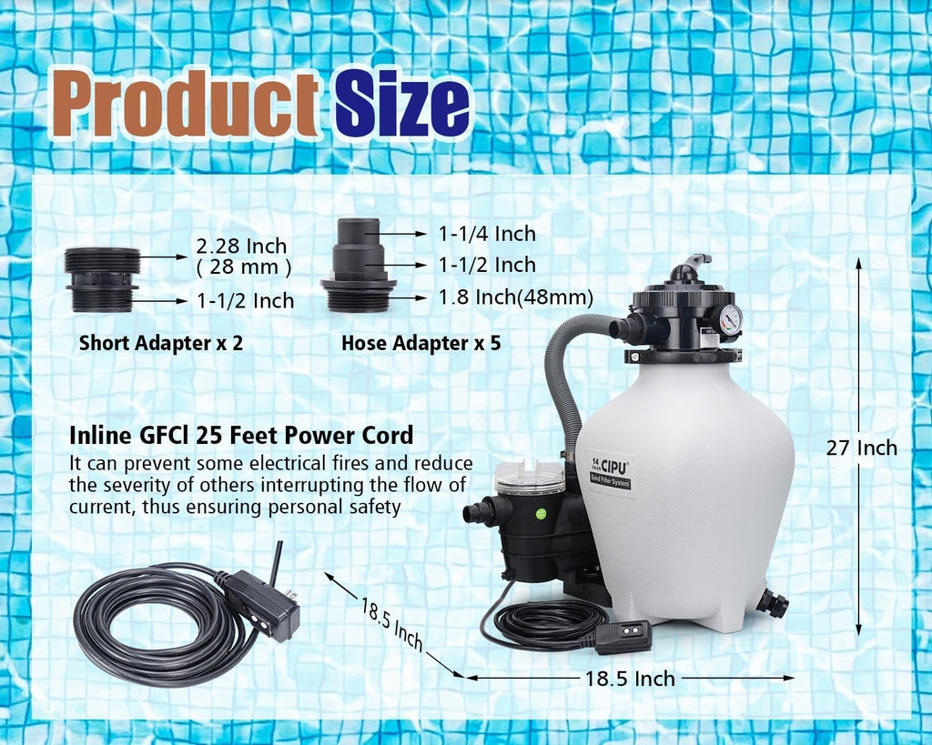 CIPU 14 inch Sand Filter Pump System Handy 6-Way Valve for Above Ground Pools with 0.5HP Prefilter Pool Pump with Timer 115V 25FT Inline GFCI Power Cord for Easy Installation