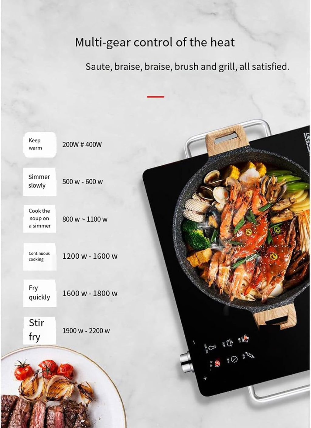 2200W Convenient High Power Electromagnetic Portable Induction Cooktop 5 Temperature Levels 3 Hour Timer Countertop Burner