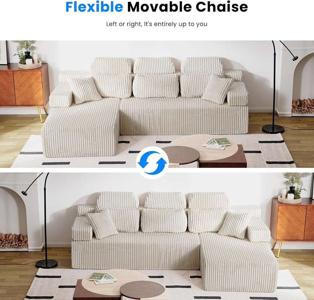 HOMRELEXA 106'' Sectional Couch with High Backrest, L-Shape Modular Sectional Sofa Convertible Left or Right Chaise, Cloud Corduroy, Boneless Couches Comfortable for Living Room(Beige)
