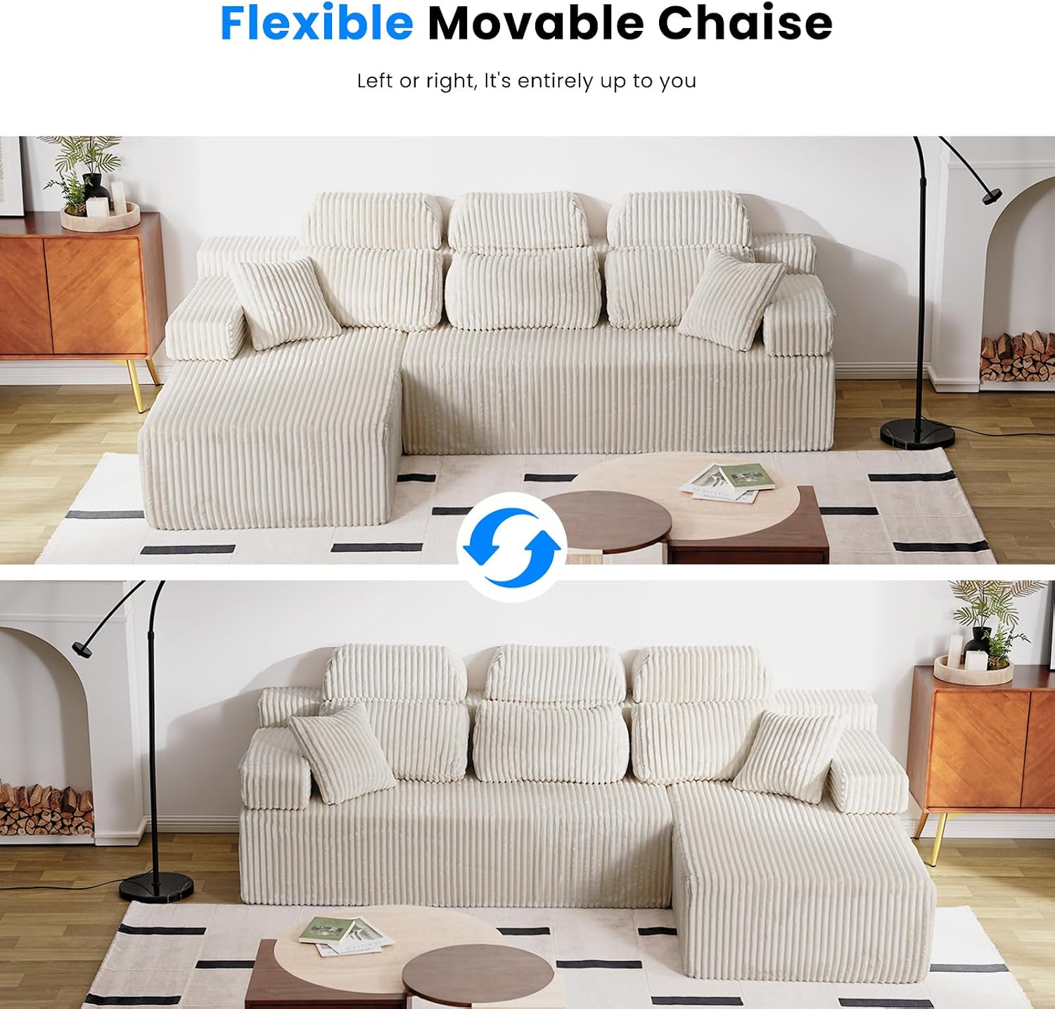 HOMRELEXA 106'' Sectional Couch with High Backrest, L-Shape Modular Sectional Sofa Convertible Left or Right Chaise, Cloud Corduroy, Boneless Couches Comfortable for Living Room(Beige)