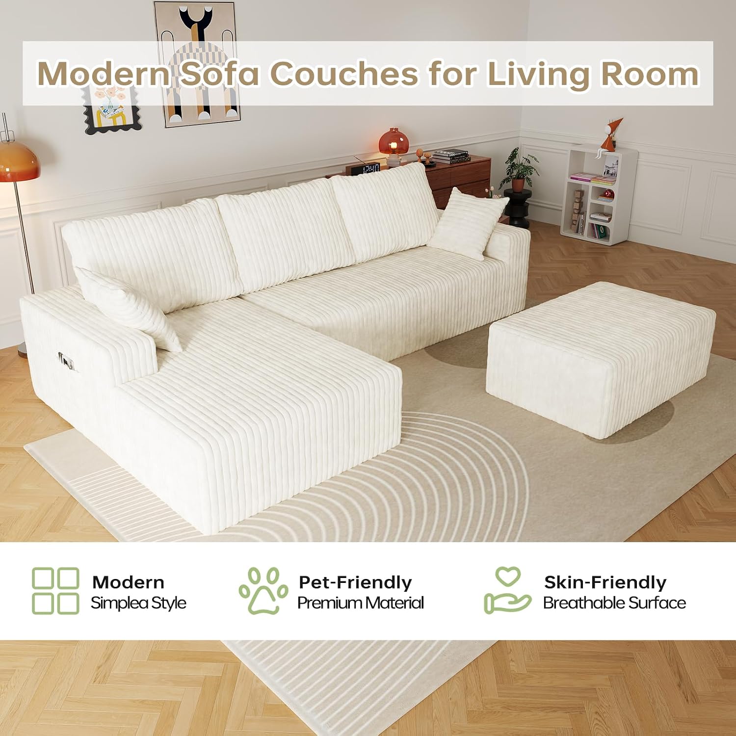 L Shapes Boneless Cloud Couches for Living Room 4-Seat Modular Sectional Couch with Chaise Lounge, Comfy Flannel Fabric Sofa, Including Pillow and Backrest - Removable Washable, No Assembly Required