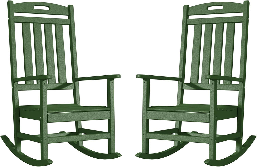 Outdoor Rocking Chair Set of 2, High Back Plastic Patio Rocking Chairs for Outside Porch Rocker Garden Lawn, All-Weather Resistant Poly Lumber Rocker Chair Outdoor, Dark Green