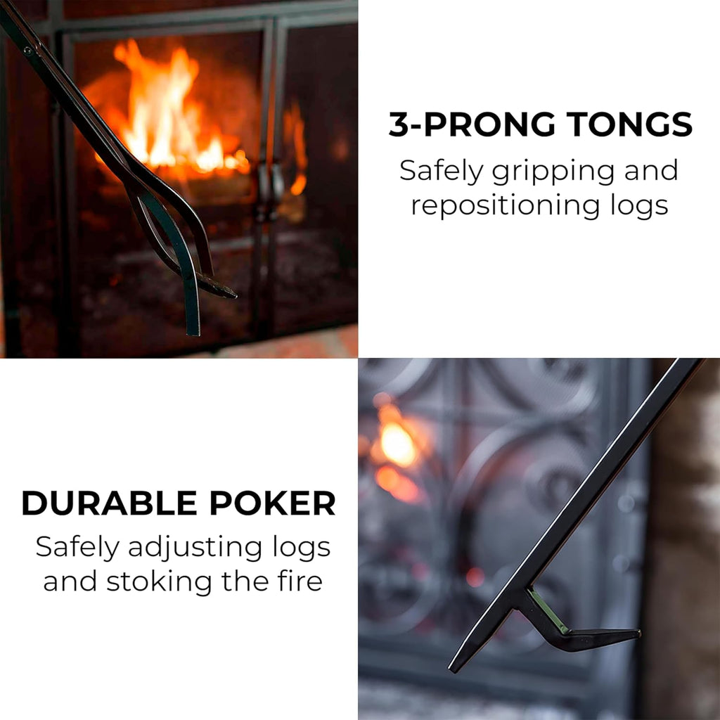Plow & Hearth 5 Piece Hand Forged Iron Compact Fireplace Tool Set 32.5' | Black Wrought Iron Handle for Outdoor Indoor | Stand Poker Shovel Brush Log Tongs Wood Stove Accessory