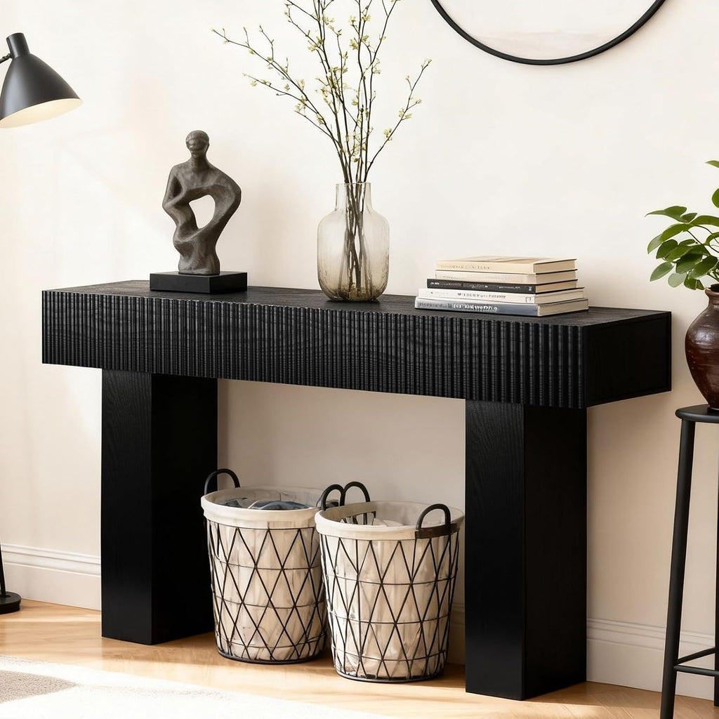 ZYBT 56' Long Fluted Console Table, Boho Vanity Desk Wooden Narrow Sofa Table Behind The Couch, Farmhouse Entryway Table for Entrance, Hallway,Living Room,Bedroom, Home Office Black