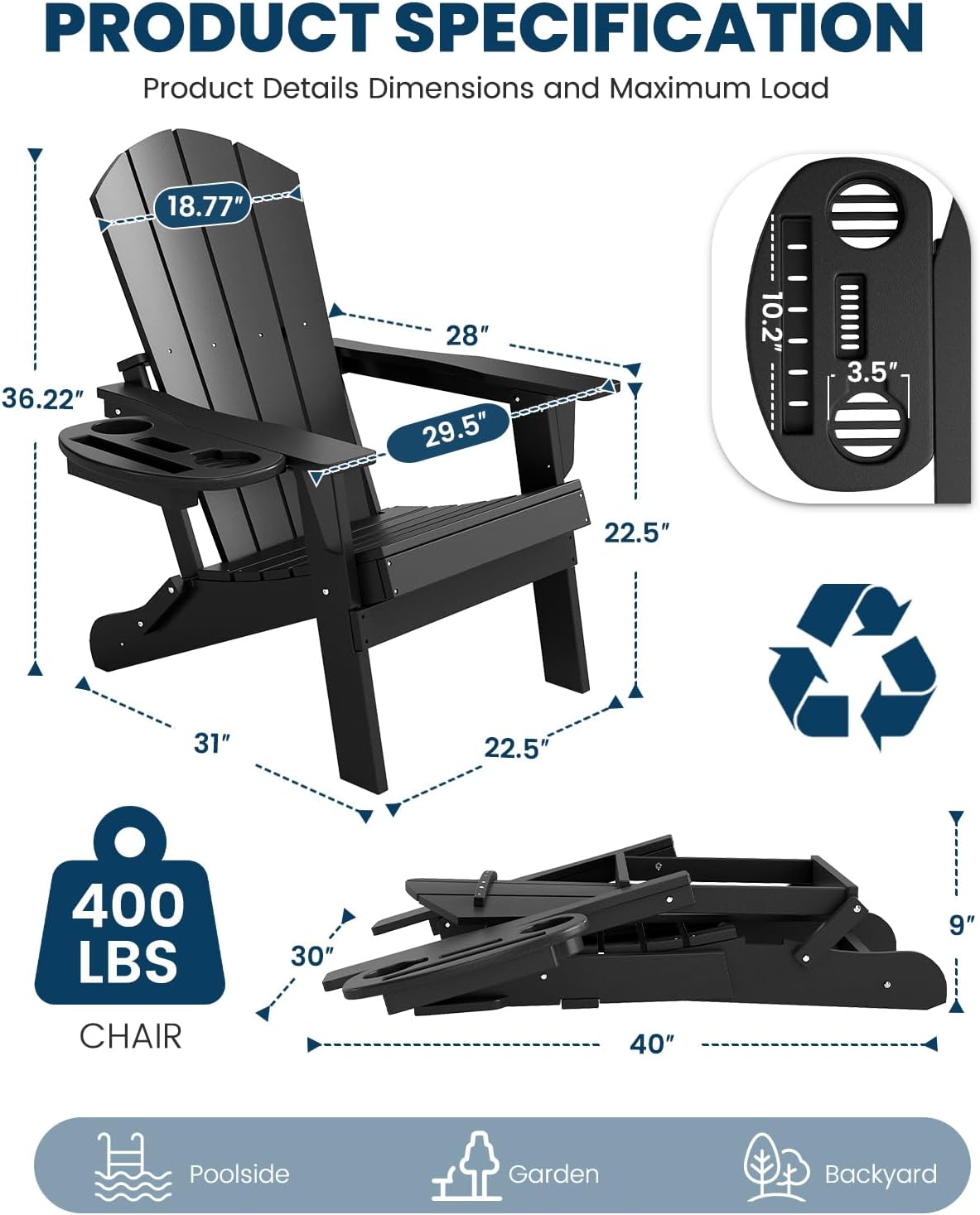 FOOWIN Folding Adirondack Chair, HDPE Adirondack Chairs with Cup Holder, Weather Resistant Plastic Fire Pit Chairs for Outdoor, Patio, Lawn, Garden, Backyard, Deck, Black