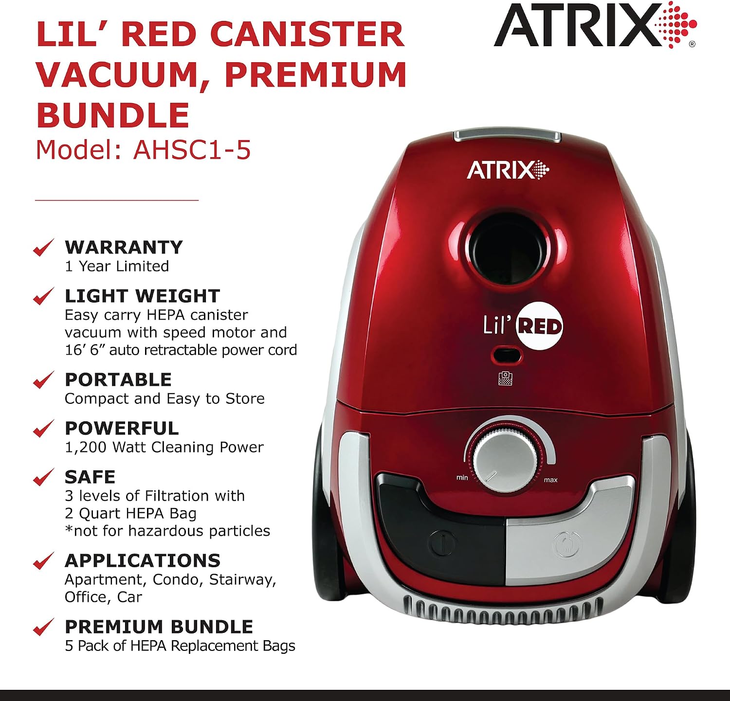 Atrix Red Lil Portable Canister Vacuum Cleaner – Premium Bundle with Extra Filters, Lightweight, 3-Stage HEPA Filtration, 2-Quart Bag, Variable Speed 1200W Motor, 16.5′ Auto-Retract Cord & Tools