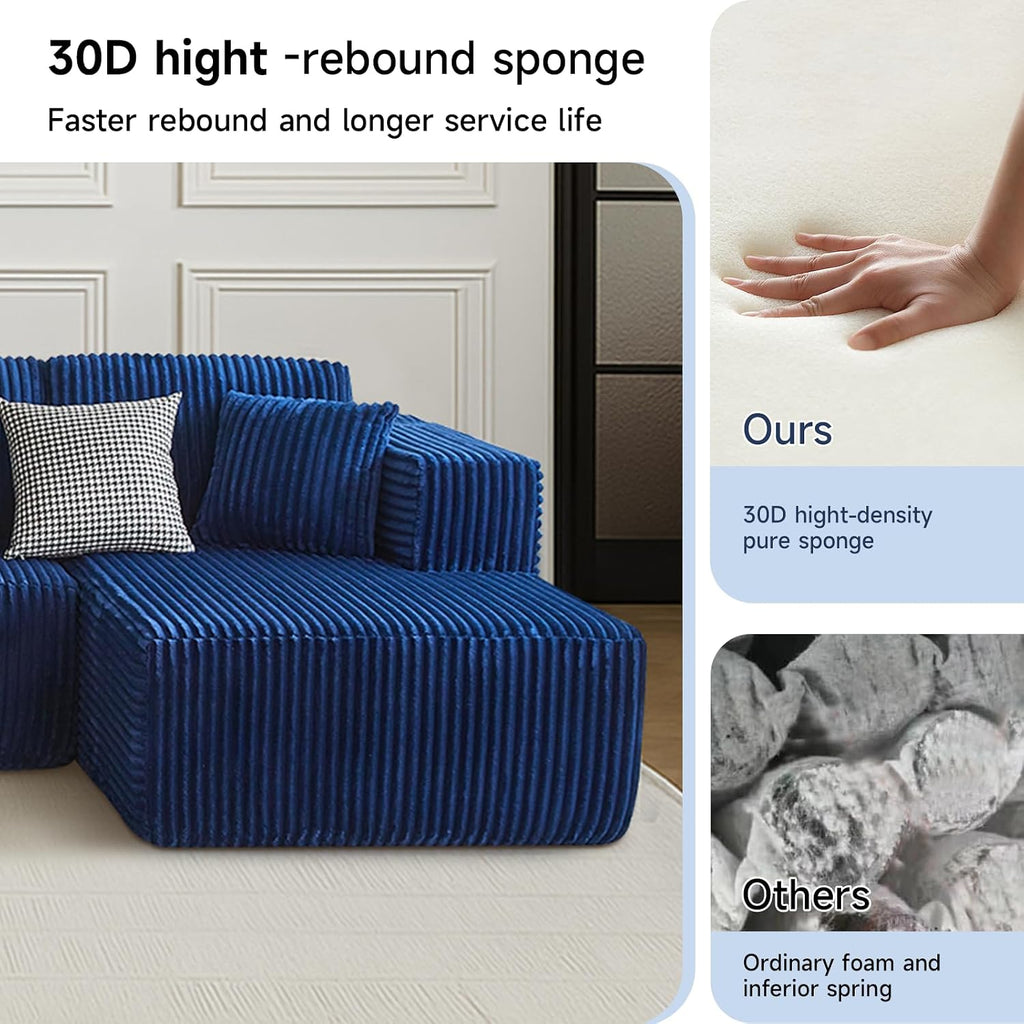 143' Oversized Cloud Boneless Couch with Chaise, Modern Modular Sofa with Deep Seat, Various Combinations Upholstered Couches for Living Room, No Assembly Required, Blue
