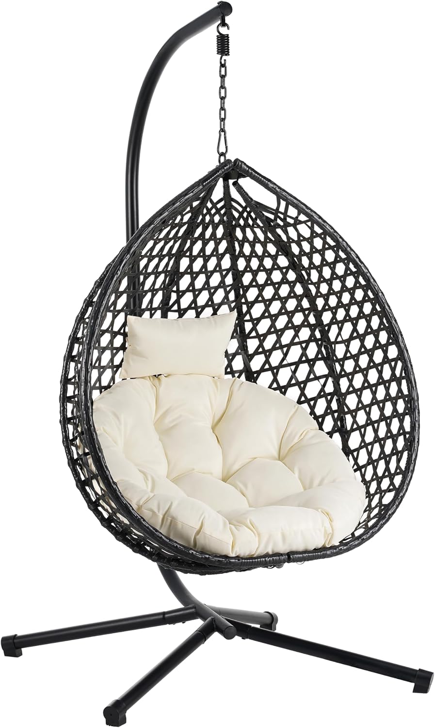 Egg Chair with Stand Patio Rattan Wicker Hanging Swing Egg Chair Hammock Chair for Indoor and Outdoor Egg Hanging Chair for Balcony Porch Garden 330lbs Capacity - Black+Beige