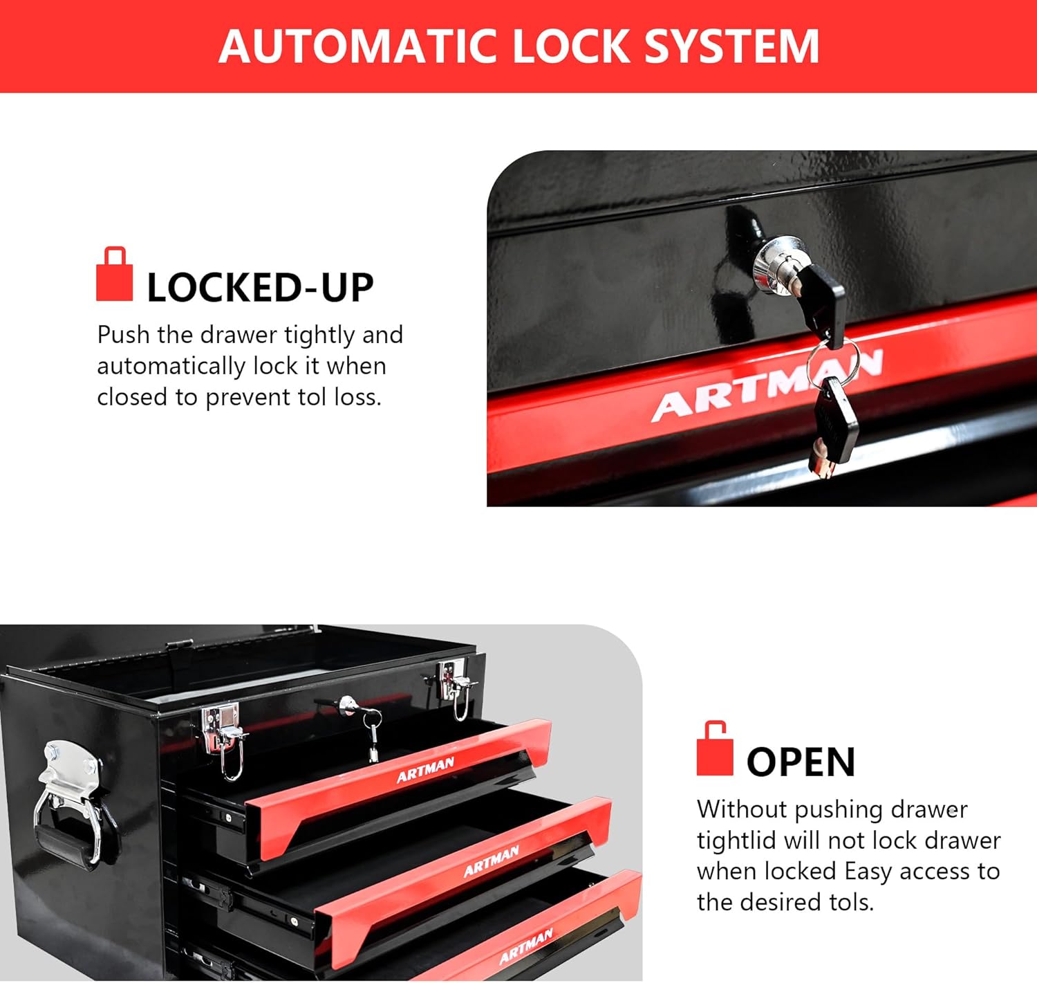 3 Drawers Metal Tool Box, 19' Heavy Duty Steel Tool Chest w/Key Lock & Handle, Multi-Function Top Storage Tray Toolbox w/Powder Coating & Ball Bearing Slides for Garage & Workshop(Black+Red)