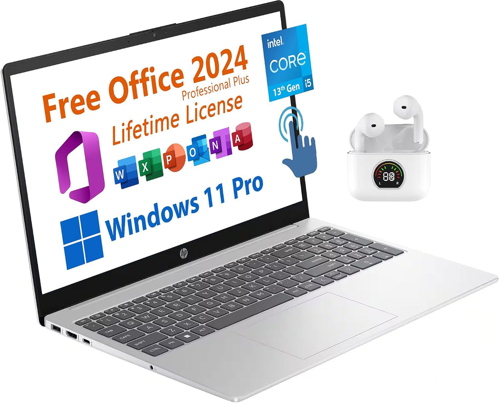 HP 15.6' Business Laptop, Free Microsoft Office 2024, FHD Touchscreen, Intel 10-Core i5-1334U Upto 4.6 GHz, 16GB RAM, 512GB SSD, 6.5 Hours Battery, WiFi 6, Windows 11 Pro, Toree Wireless Earbuds