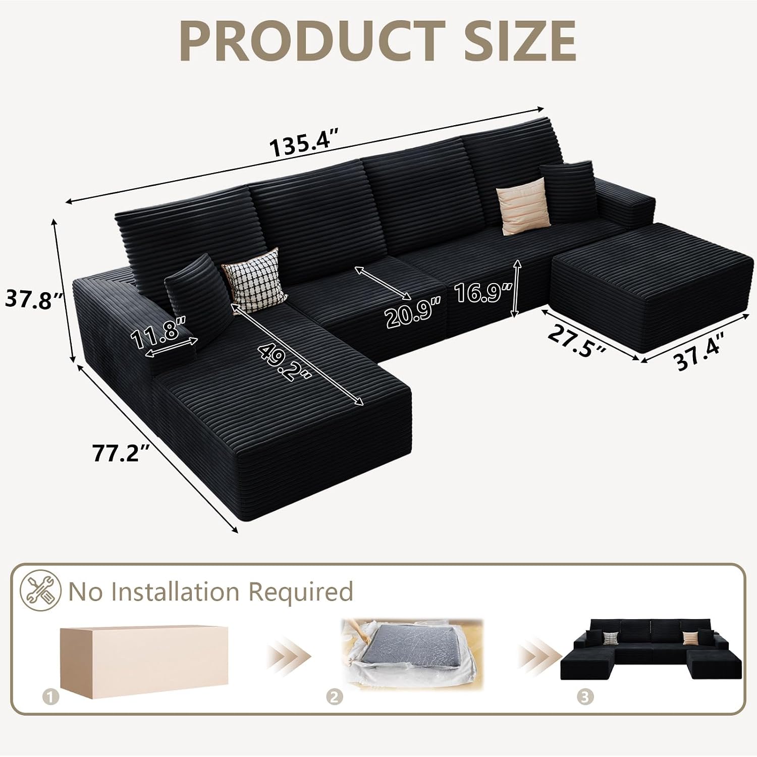 135' Cloud Sectional Couch with U-Shaped Chaise, Corduroy Sectional Sofa with Ottoman, Boneless Couch with Deep Seat in a Box for Living Room, No Assembly Required (Black, Left Facing Chaise)