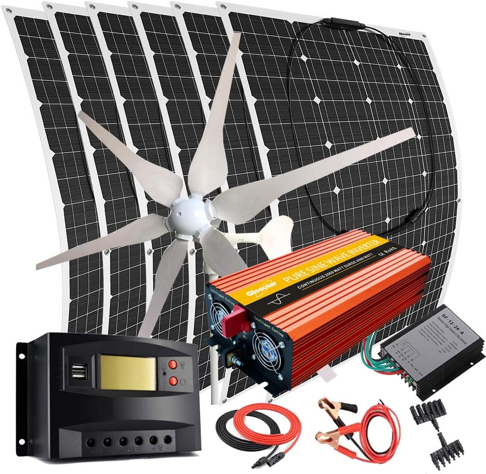 1000W Wind Solar Generator Kit with 2000W Inverter: 400W Wind Turbine and 6PCS 100W Semi-Flexible Solar Panels Charger for 12V 24V Roof Car Uneven Surfaces (1000W Wind Solar Kit with 2000w Inverter)