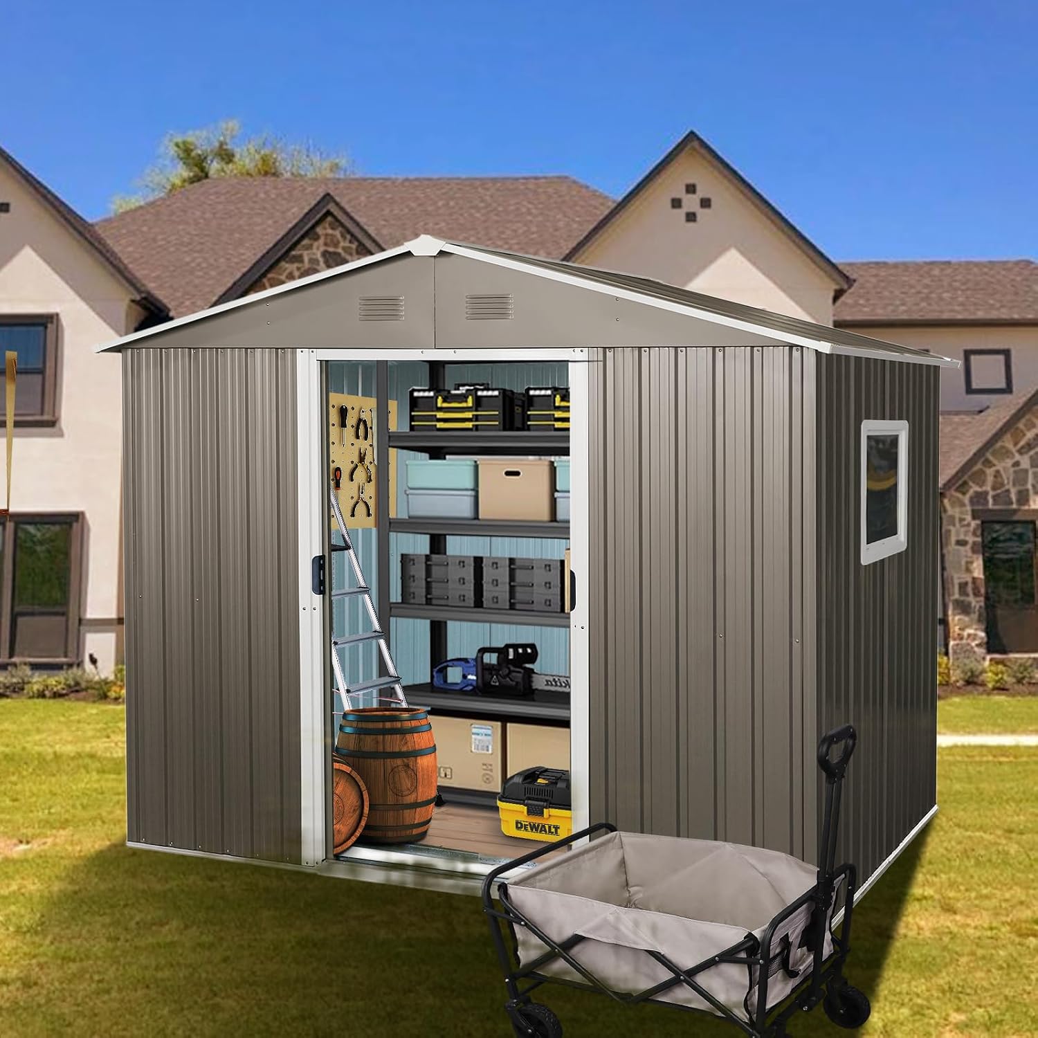 JT 7.5x5.5FT Outdoor Storage Shed with Floor Frame, Metal Garden Shed with Sliding Doors, Waterproof Galvanized Steel Storage House for Backyard Garden, Patio (7.5ftx 5.5ft, Gray with Window)
