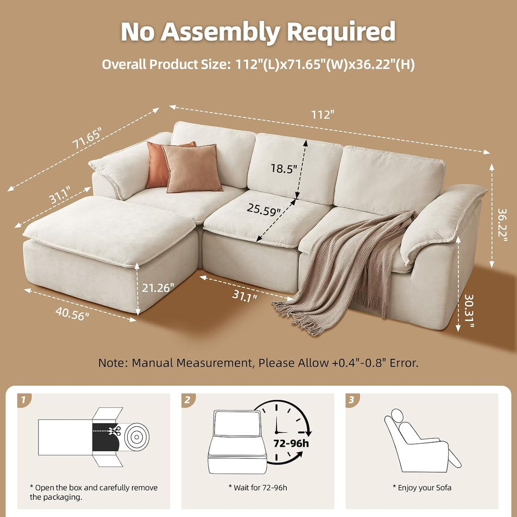 HALLYBEE 112' Cloud Couch Sectional with Padded Armrests & Moveable Ottoman Boneless Sectional Couches for Living Room White Couch, No Assembly Required