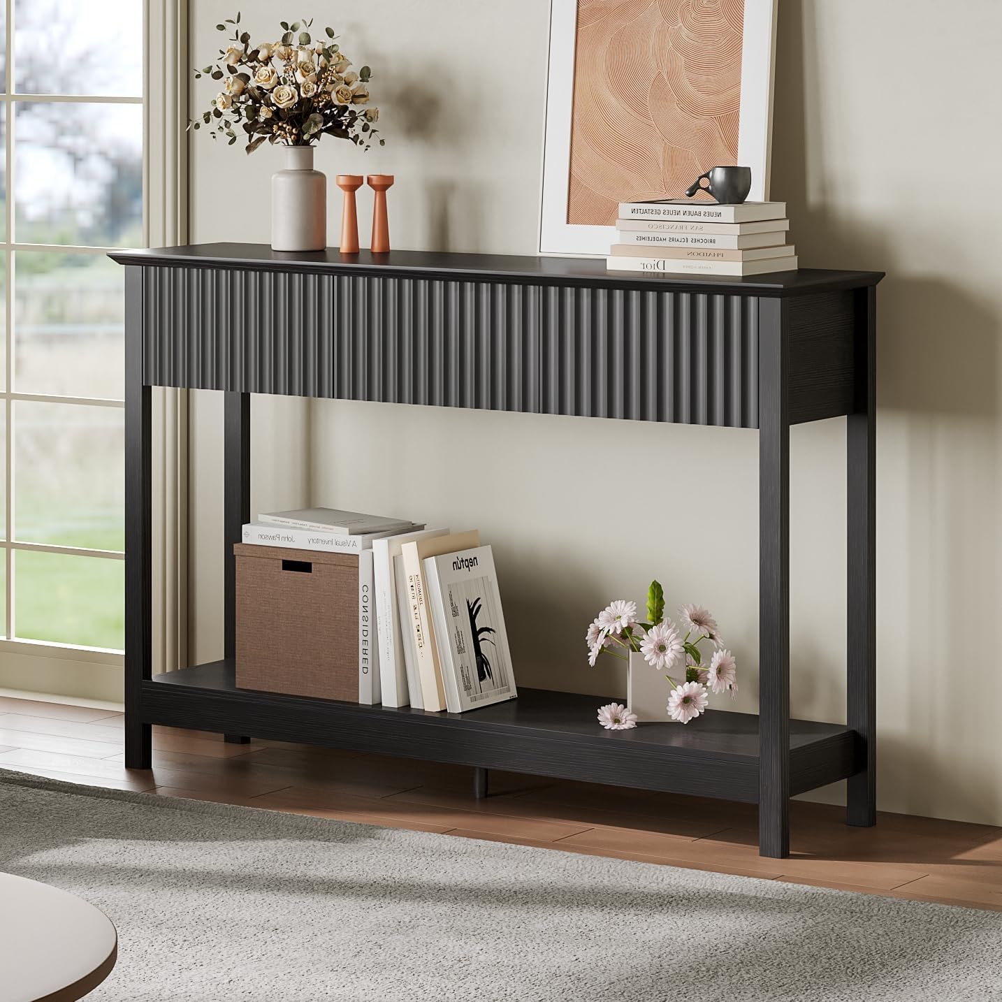 Treocho 47' Fluted Console Table with 3 Drawers, Narrow Long Entryway Table with Storage and Shelf, 2-Tier Sofa Table Behind Couch Accent Tables for Entrance Foyer, Hallway, Living Room, Black